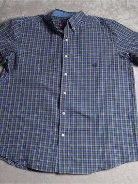 Men's Blue and Green Plaid Button-Down Long-sleeve Shirt